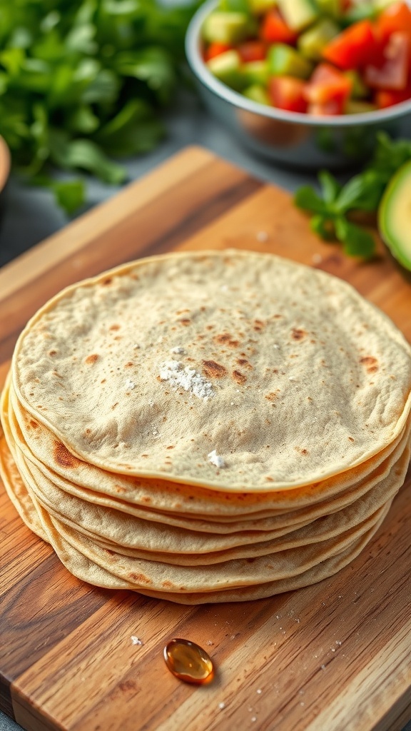 Healthy Whole Wheat Tortillas Recipe Freshly made whole wheat tortillas stacked on a cutting board with vibrant ingredients for wraps.